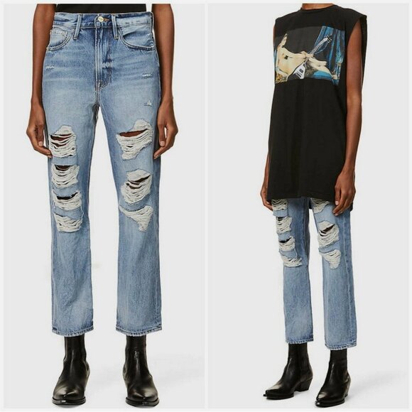 Frame Le Piper Ellington Rips Straight Leg Distressed Jeans - Picture 1 of 5